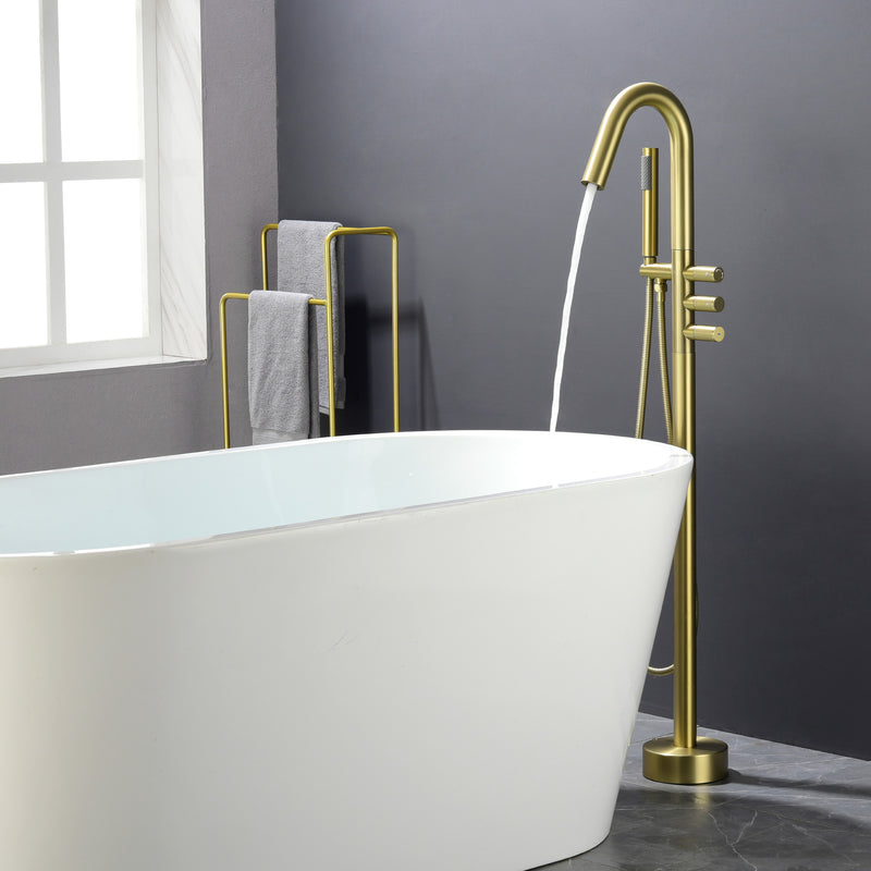 CUPC Freestanding Bathtub Faucet 3 Knob Bathroom Brass Floor Mounted Tub Filler with Hand Shower
