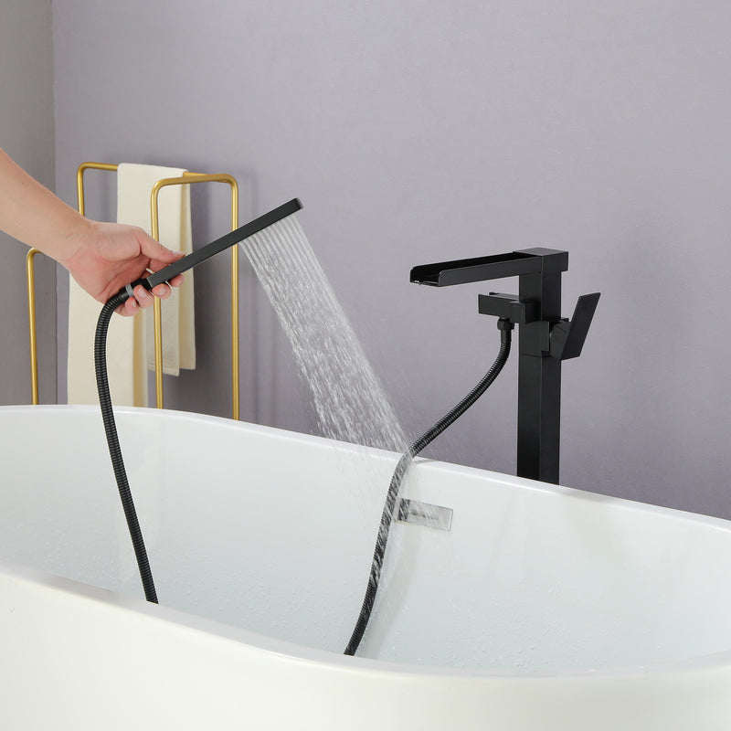 Freestanding Bathtub Faucet Single Handle Waterfall Tub Filler with Handheld Shower Brushed Gold