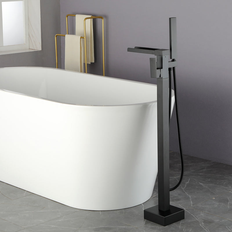 Freestanding Bathtub Faucet Single Handle Waterfall Tub Filler with Handheld Shower Brushed Gold