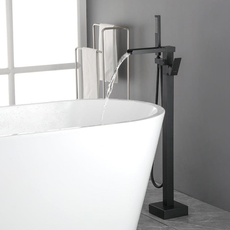 Freestanding Bathtub Faucet Single Handle Waterfall Tub Filler with Handheld Shower Brushed Gold