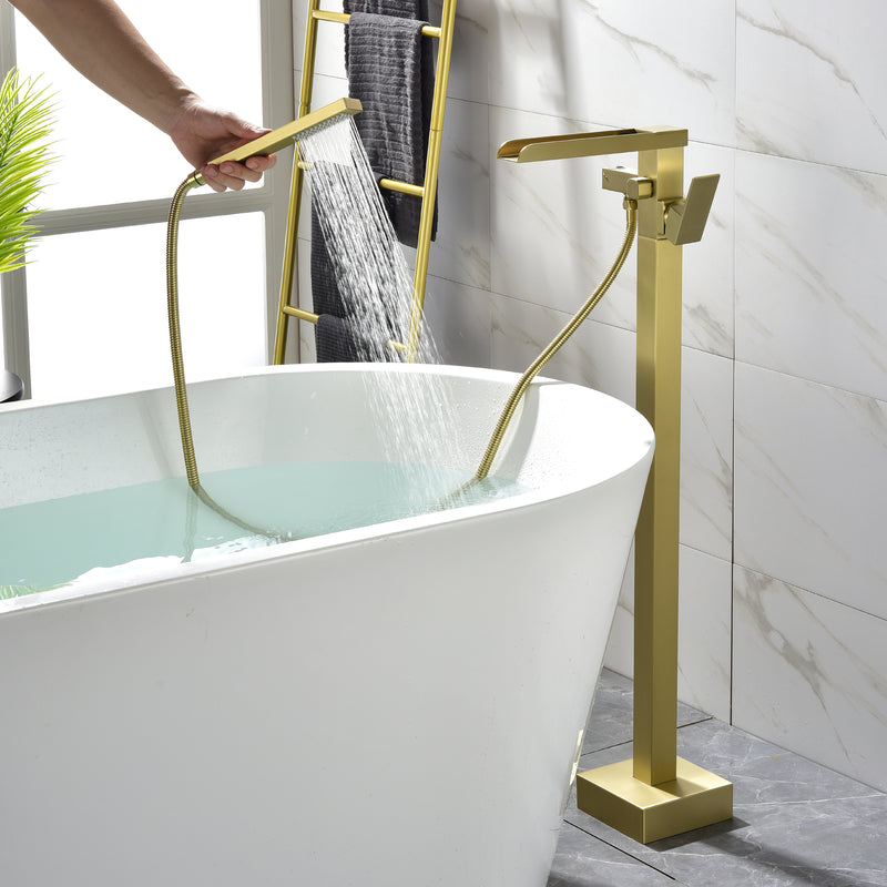 Freestanding Bathtub Faucet Single Handle Waterfall Tub Filler with Handheld Shower Brushed Gold