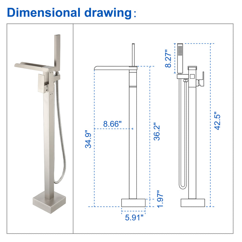Freestanding Bathtub Faucet Single Handle Waterfall Tub Filler with Handheld Shower Brushed Gold