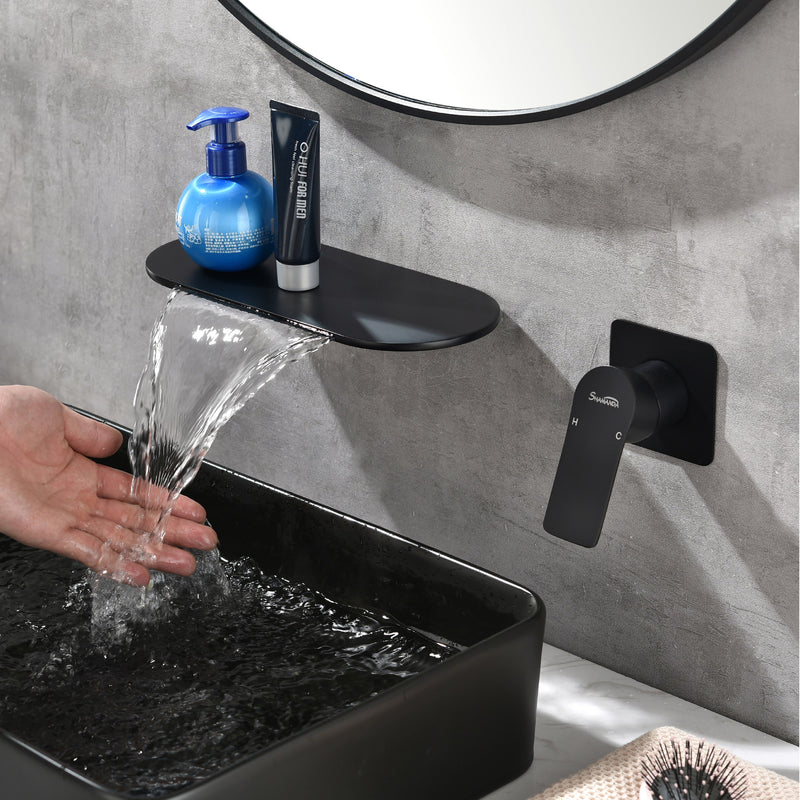 Waterfall Bathroom Sink Faucet 1- Handle Wall Mount Lavatory Faucet Mixer Tap Solid Brass