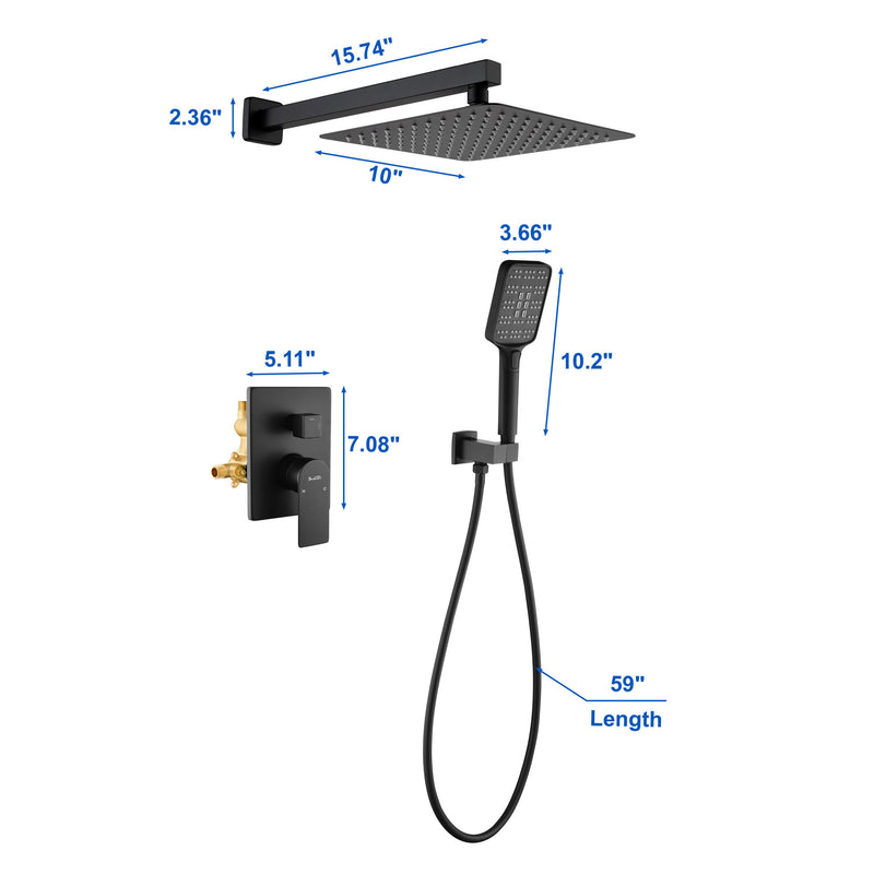 2 Way Wall-Mounted Shower Faucet Set for Bathroom with 10-inch rain shower head & 3 Modes Handheld Shower, Matte Black