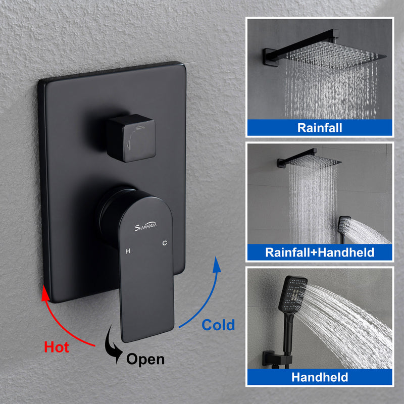 2 Way Wall-Mounted Shower Faucet Set for Bathroom with 10-inch rain shower head & 3 Modes Handheld Shower, Matte Black