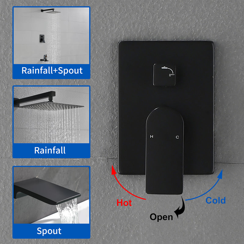 Tub and Shower Faucet Set Shower System with 10-Inch Rain Shower Head and Waterfall Tub Faucet Wall Mount Shower Valve and Trim Kit Included
