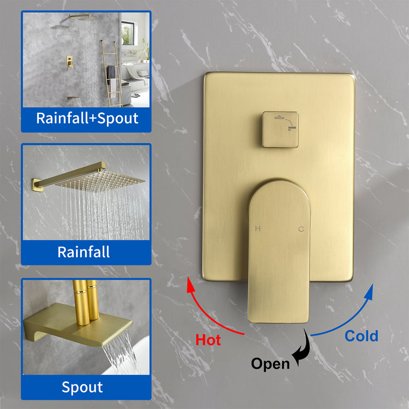 Tub and Shower Faucet Set Shower System with 10-Inch Rain Shower Head and Waterfall Tub Faucet Wall Mount Shower Valve and Trim Kit Included