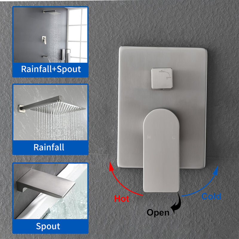 Tub and Shower Faucet Set Shower System with 10-Inch Rain Shower Head and Waterfall Tub Faucet Wall Mount Shower Valve and Trim Kit Included