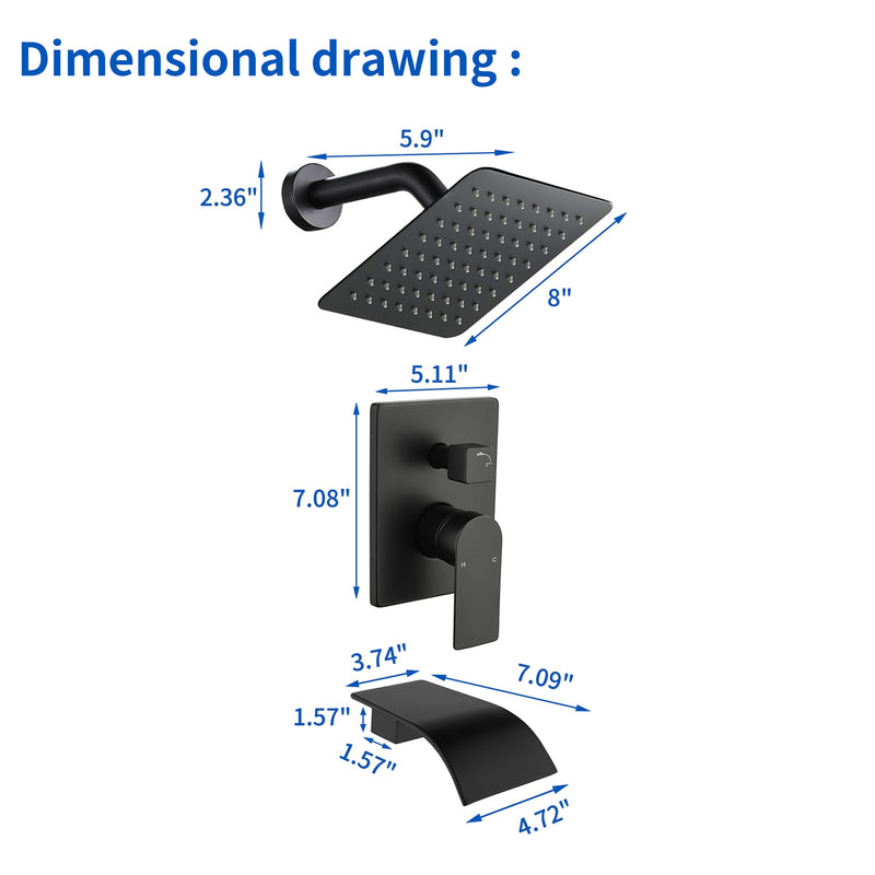 Shower System with Waterfall Tub Spout, Tub and Shower Faucet Trim Kit with Rough in Valve, Shower Tub Faucet Set Wall Mounted