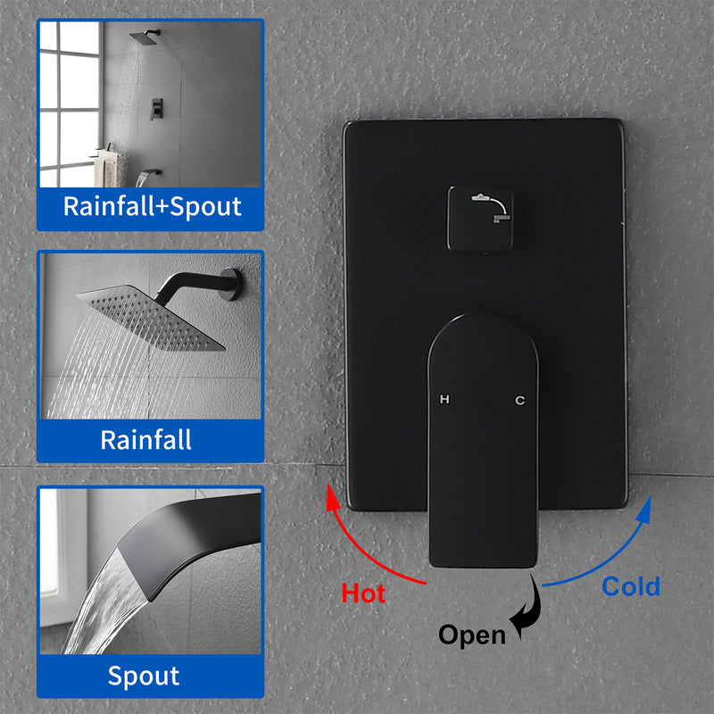 Shower System with Waterfall Tub Spout, Tub and Shower Faucet Trim Kit with Rough in Valve, Shower Tub Faucet Set Wall Mounted