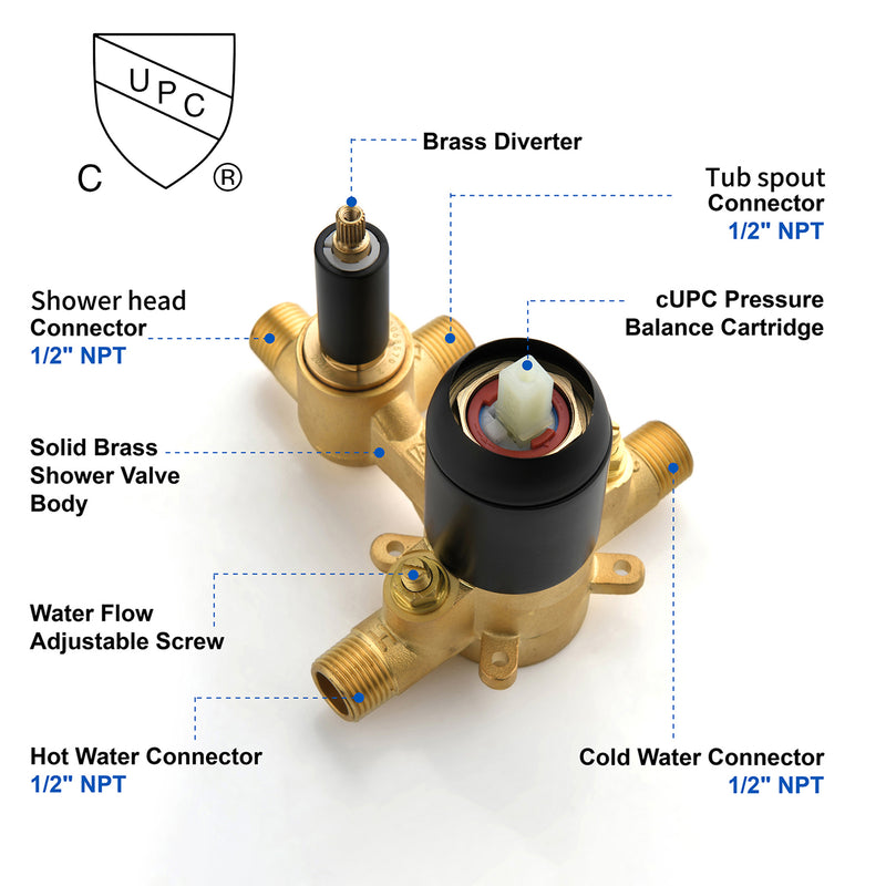 Shower System with Waterfall Tub Spout, Tub and Shower Faucet Trim Kit with Rough in Valve, Shower Tub Faucet Set Wall Mounted