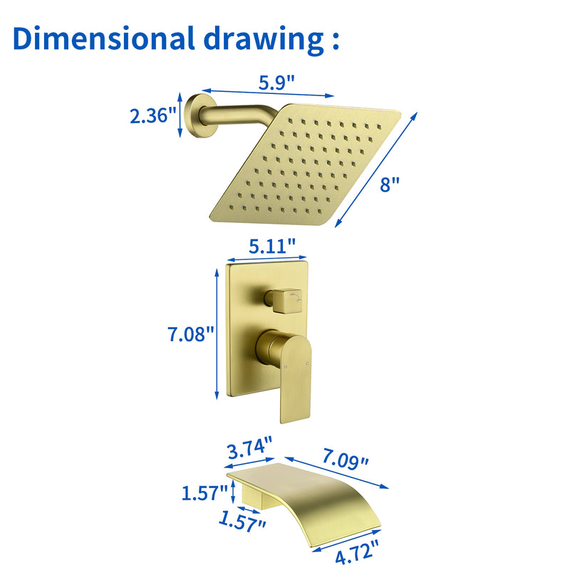 Shower System with Waterfall Tub Spout, Tub and Shower Faucet Trim Kit with Rough in Valve, Shower Tub Faucet Set Wall Mounted