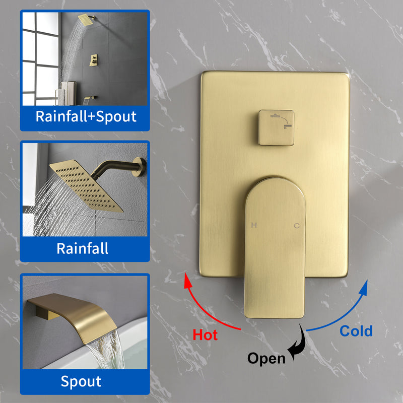 Shower System with Waterfall Tub Spout, Tub and Shower Faucet Trim Kit with Rough in Valve, Shower Tub Faucet Set Wall Mounted