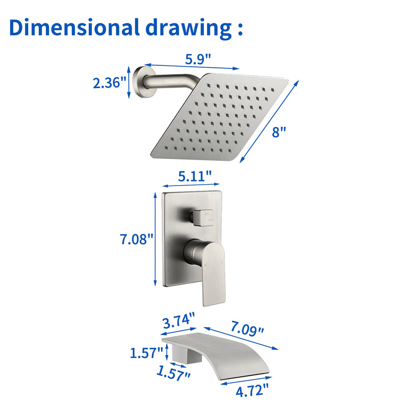 Shower System with Waterfall Tub Spout, Tub and Shower Faucet Trim Kit with Rough in Valve, Shower Tub Faucet Set Wall Mounted