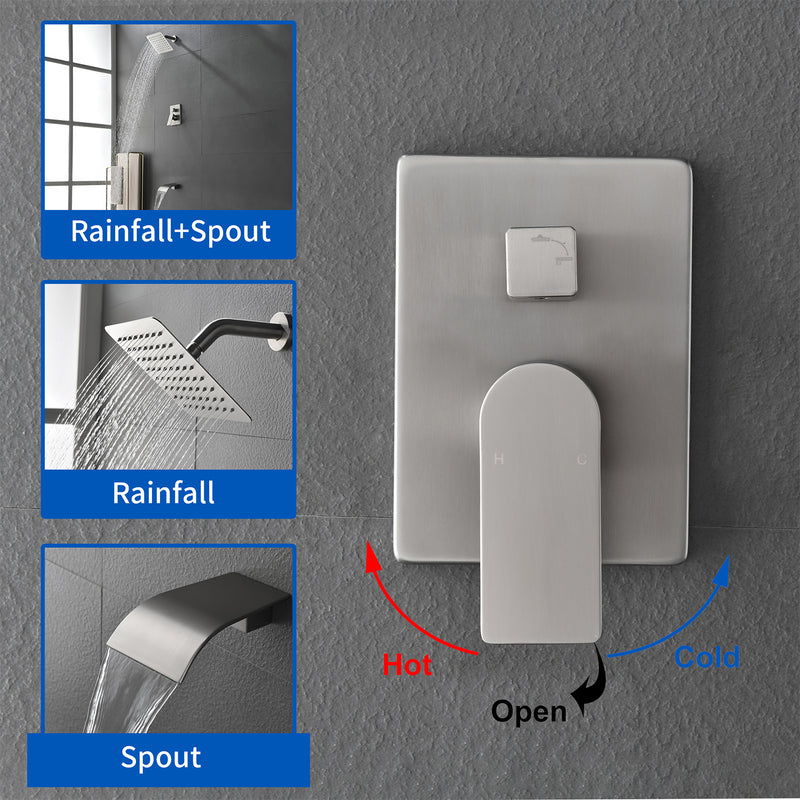 Shower System with Waterfall Tub Spout, Tub and Shower Faucet Trim Kit with Rough in Valve, Shower Tub Faucet Set Wall Mounted