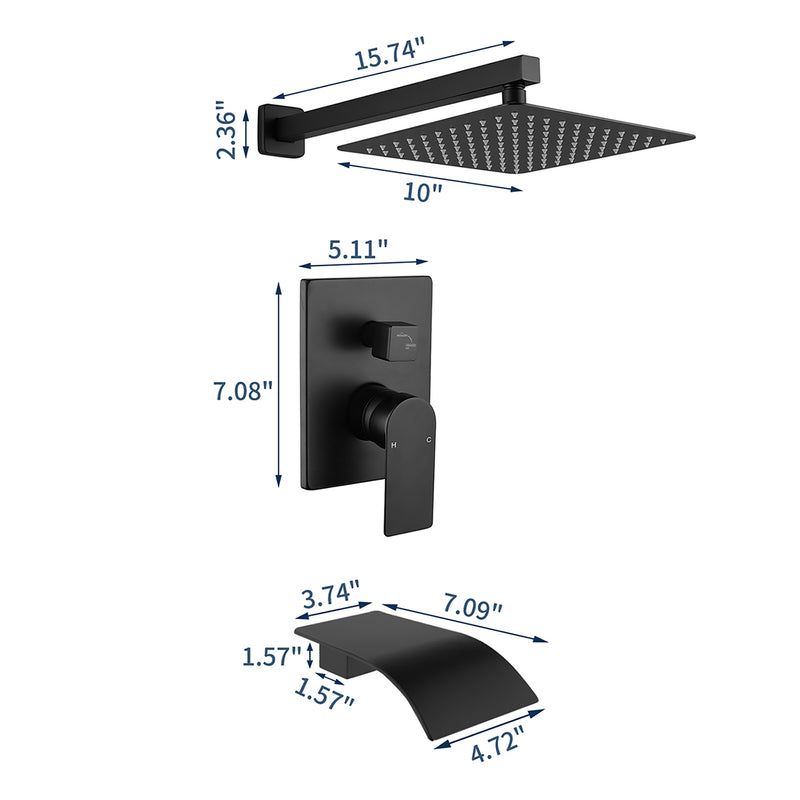 Shower Faucet Set with Tub Spout, Tub and Shower Trim Kit with Rough in Valve, Waterfall Shower Tub Faucet Set Wall Mounted Shower System