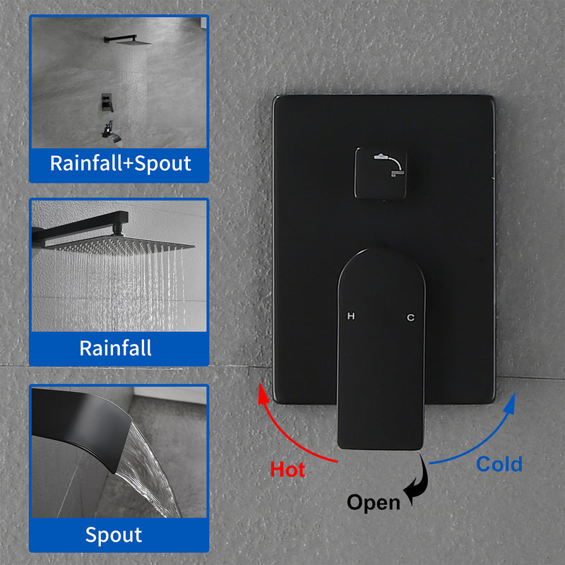 Shower Faucet Set with Tub Spout, Tub and Shower Trim Kit with Rough in Valve, Waterfall Shower Tub Faucet Set Wall Mounted Shower System