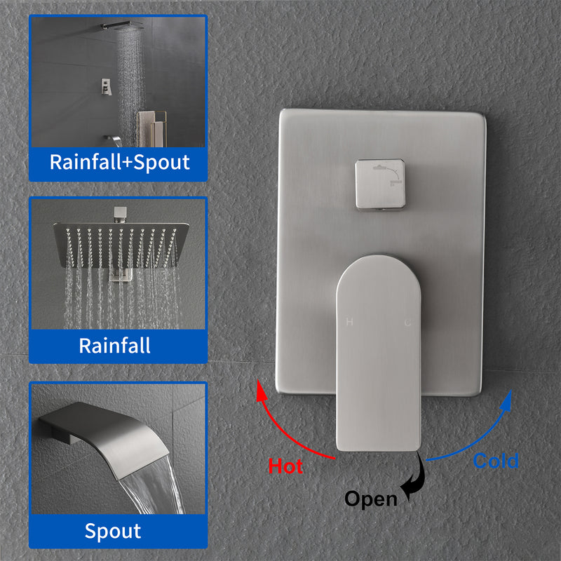 Shower Faucet Set with Tub Spout, Tub and Shower Trim Kit with Rough in Valve, Waterfall Shower Tub Faucet Set Wall Mounted Shower System