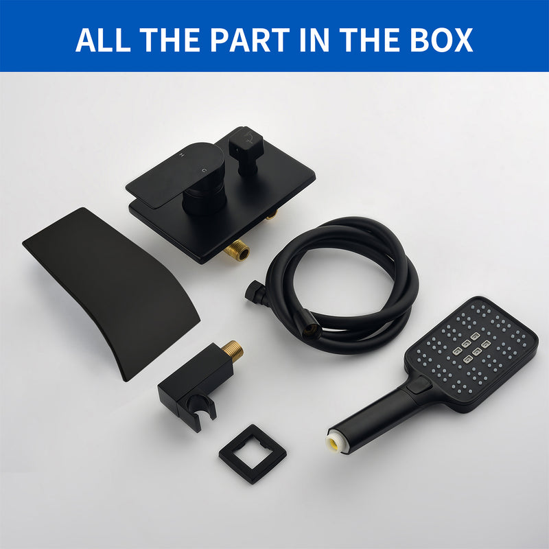 Waterfall Bathtub Faucet with Sprayer Wall Mounted Single Handle Brass Tub Filler - Matte Black, Bruhsed Nickel, Brushed Gold