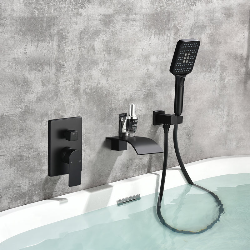 Waterfall Bathtub Faucet with Sprayer Wall Mounted Single Handle Brass Tub Filler - Matte Black, Bruhsed Nickel, Brushed Gold