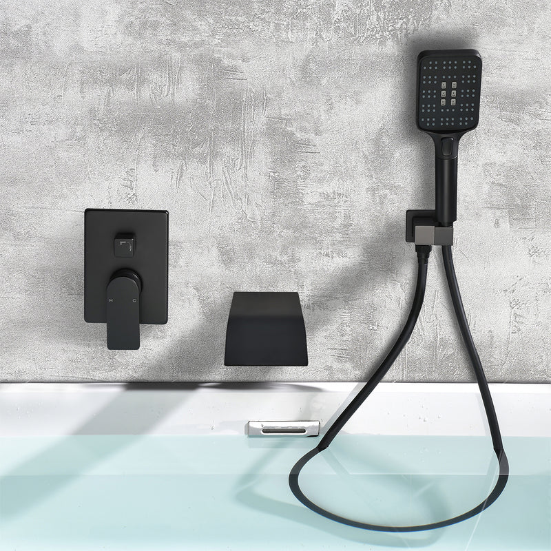 Waterfall Bathtub Faucet with Sprayer Wall Mounted Single Handle Brass Tub Filler - Matte Black, Bruhsed Nickel, Brushed Gold