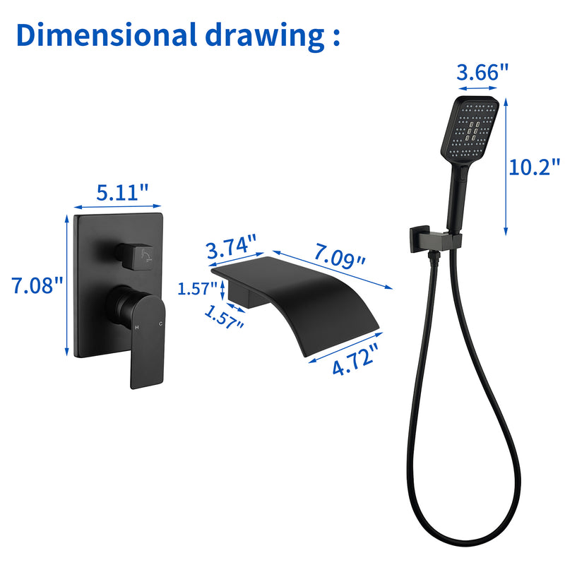 Waterfall Bathtub Faucet with Sprayer Wall Mounted Single Handle Brass Tub Filler - Matte Black, Bruhsed Nickel, Brushed Gold