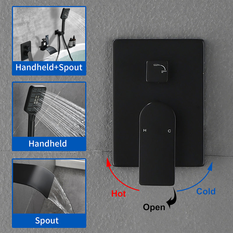 Waterfall Bathtub Faucet with Sprayer Wall Mounted Single Handle Brass Tub Filler - Matte Black, Bruhsed Nickel, Brushed Gold