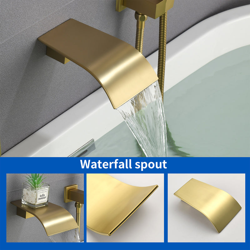 Waterfall Bathtub Faucet with Sprayer Wall Mounted Single Handle Brass Tub Filler - Matte Black, Bruhsed Nickel, Brushed Gold