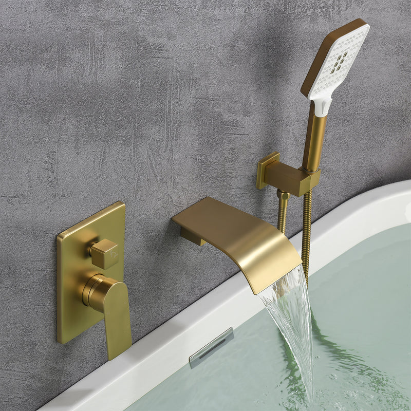 Waterfall Bathtub Faucet with Sprayer Wall Mounted Single Handle Brass Tub Filler - Matte Black, Bruhsed Nickel, Brushed Gold