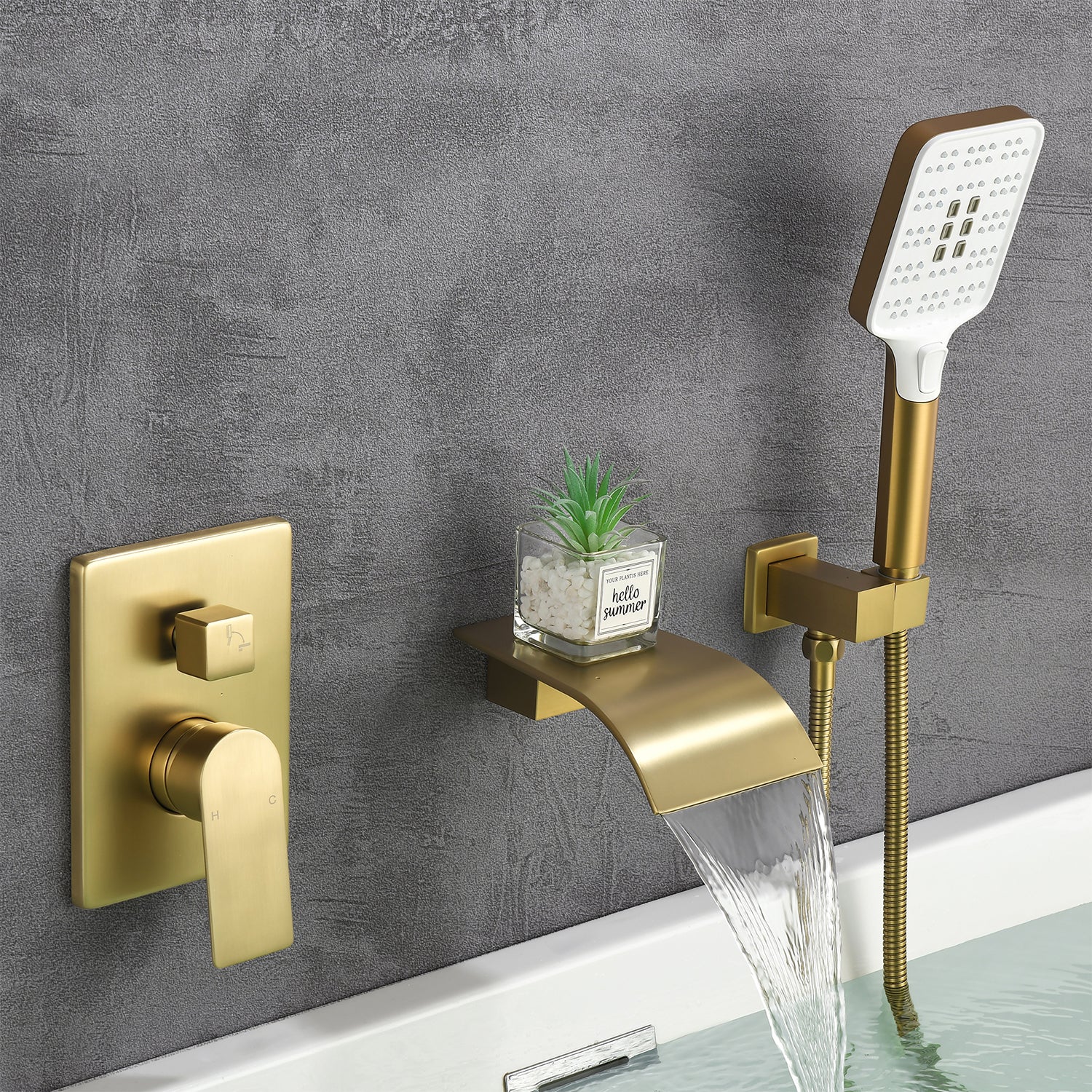 Brushed Nickel Wall Mount Bathtub Faucet with Handheld Spray Waterfall Tub  Filler Single Handle Bathroom Tub Mixer Tap Hand-Shower System with Curved