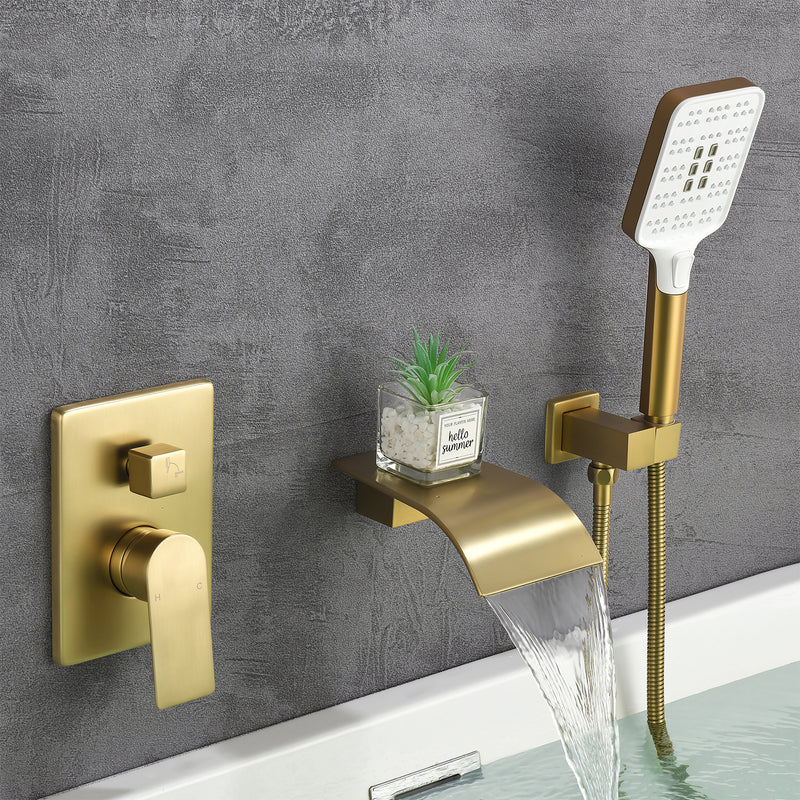 Waterfall Bathtub Faucet with Sprayer Wall Mounted Single Handle Brass Tub Filler - Matte Black, Bruhsed Nickel, Brushed Gold