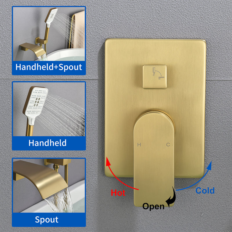 Waterfall Bathtub Faucet with Sprayer Wall Mounted Single Handle Brass Tub Filler - Matte Black, Bruhsed Nickel, Brushed Gold