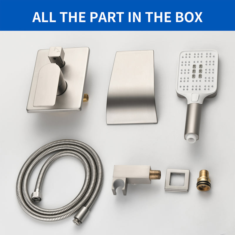 Waterfall Bathtub Faucet with Sprayer Wall Mounted Single Handle Brass Tub Filler - Matte Black, Bruhsed Nickel, Brushed Gold