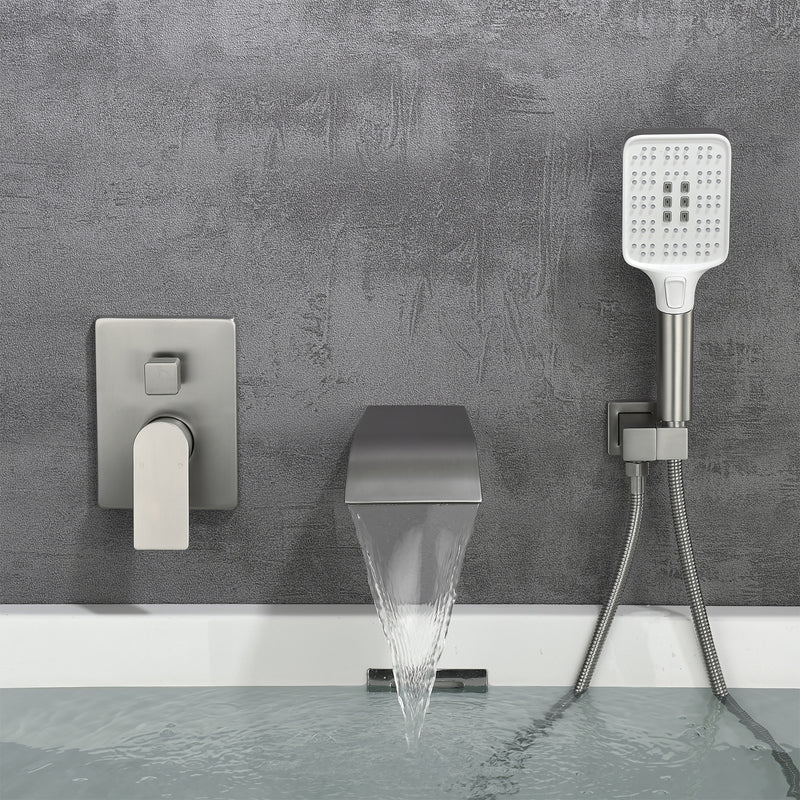 Waterfall Bathtub Faucet with Sprayer Wall Mounted Single Handle Brass Tub Filler - Matte Black, Bruhsed Nickel, Brushed Gold