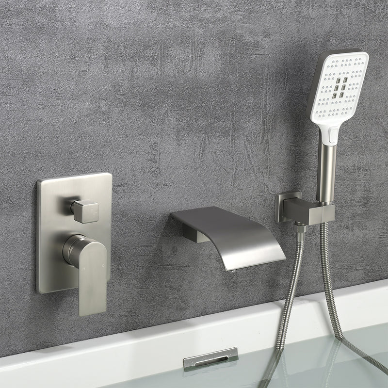 Waterfall Bathtub Faucet with Sprayer Wall Mounted Single Handle Brass Tub Filler - Matte Black, Bruhsed Nickel, Brushed Gold