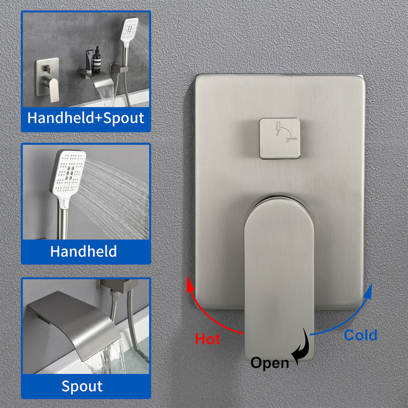 Waterfall Bathtub Faucet with Sprayer Wall Mounted Single Handle Brass Tub Filler - Matte Black, Bruhsed Nickel, Brushed Gold