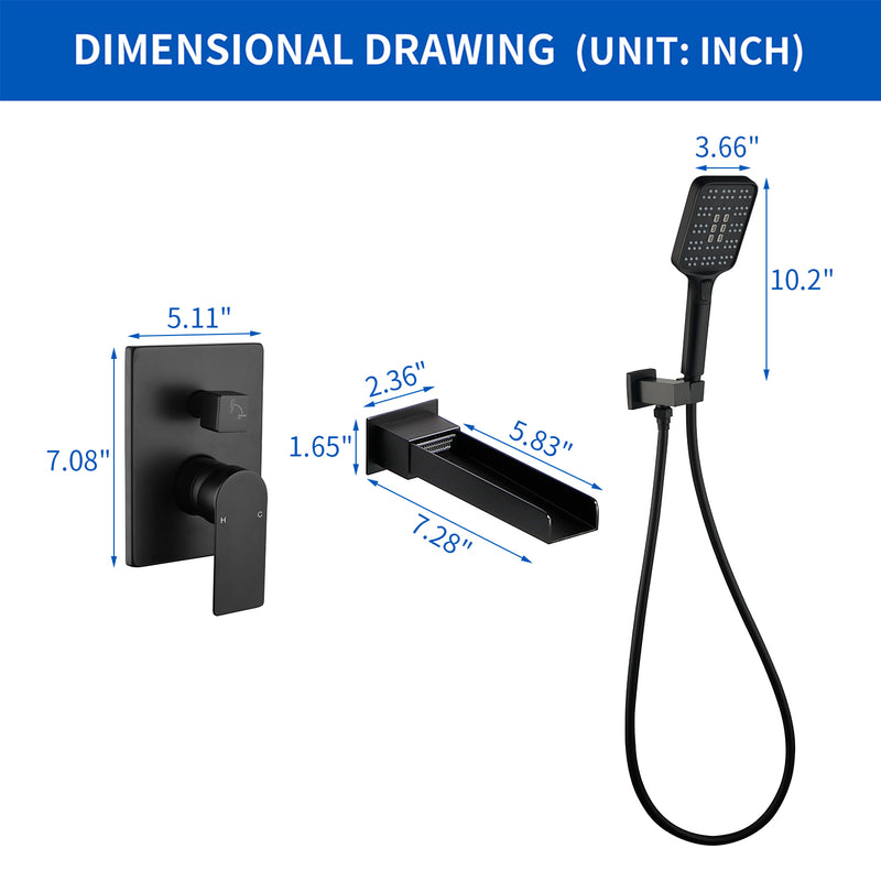 Wall Mount Waterfall Bathtub Faucet with 3 Modes Hand Sprayer Tub Filler Faucet with Rough-in Valve Trim Kit