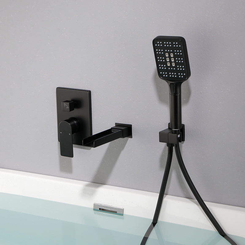Wall Mount Waterfall Bathtub Faucet with 3 Modes Hand Sprayer Tub Filler Faucet with Rough-in Valve Trim Kit