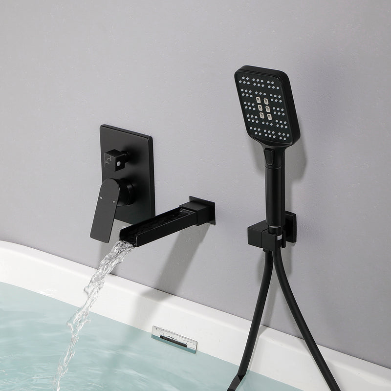 Wall Mount Waterfall Bathtub Faucet with 3 Modes Hand Sprayer Tub Filler Faucet with Rough-in Valve Trim Kit
