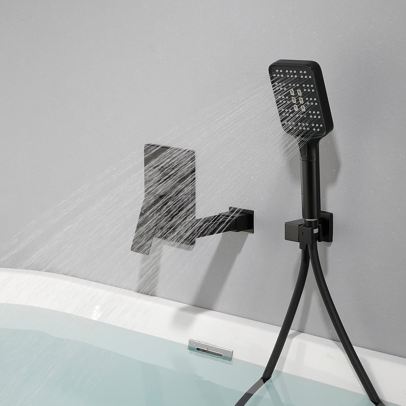 Wall Mount Waterfall Bathtub Faucet with 3 Modes Hand Sprayer Tub Filler Faucet with Rough-in Valve Trim Kit
