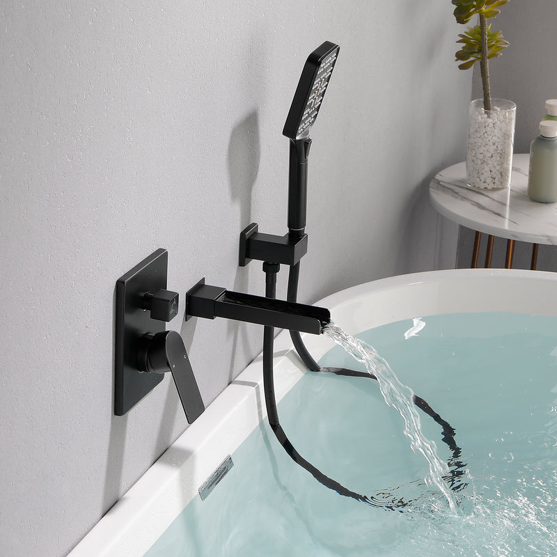 Wall Mount Waterfall Bathtub Faucet with 3 Modes Hand Sprayer Tub Filler Faucet with Rough-in Valve Trim Kit