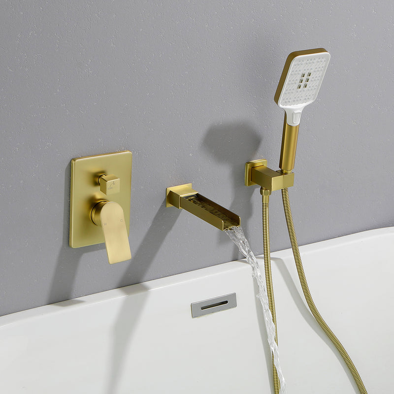 Wall Mount Waterfall Bathtub Faucet with 3 Modes Hand Sprayer Tub Filler Faucet with Rough-in Valve Trim Kit