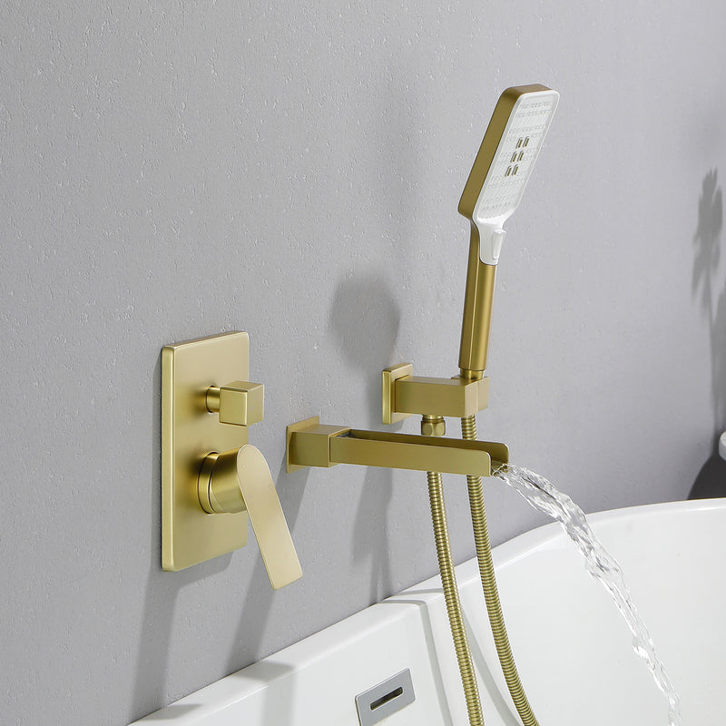 Wall Mount Waterfall Bathtub Faucet with 3 Modes Hand Sprayer Tub Filler Faucet with Rough-in Valve Trim Kit
