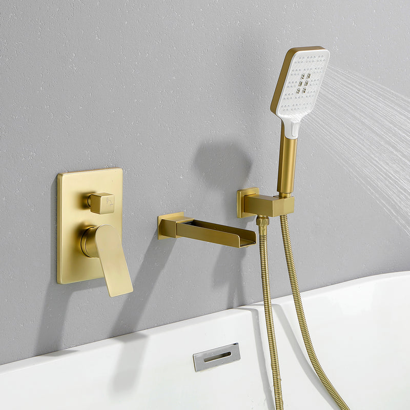 Wall Mount Waterfall Bathtub Faucet with 3 Modes Hand Sprayer Tub Filler Faucet with Rough-in Valve Trim Kit