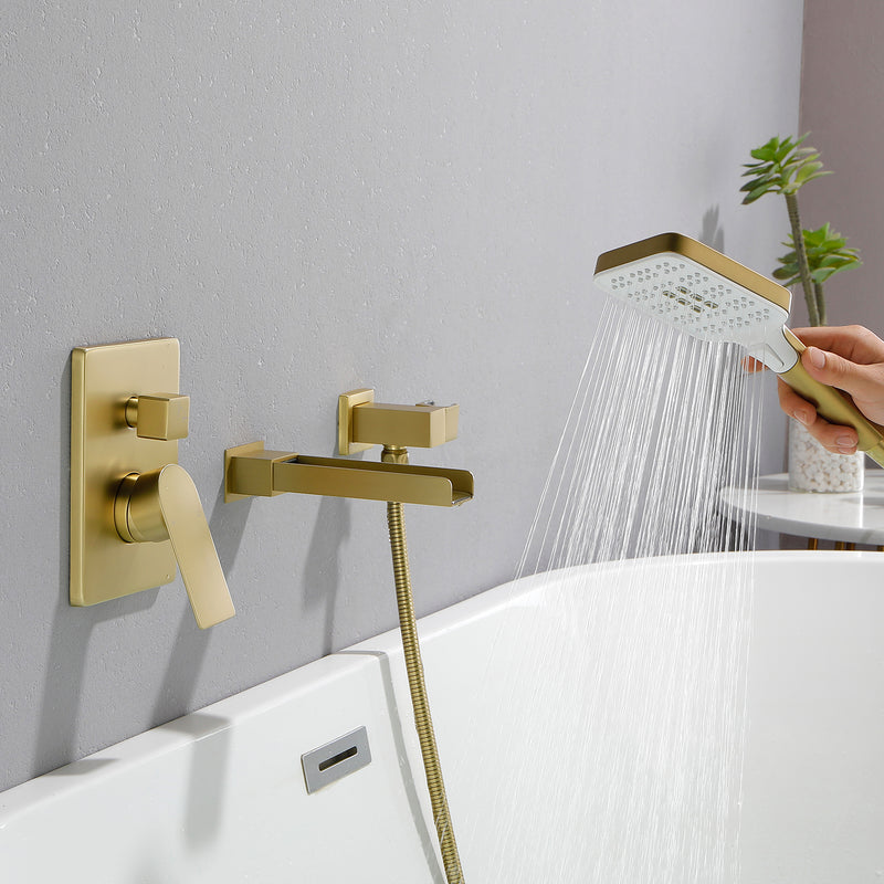 Wall Mount Waterfall Bathtub Faucet with 3 Modes Hand Sprayer Tub Filler Faucet with Rough-in Valve Trim Kit