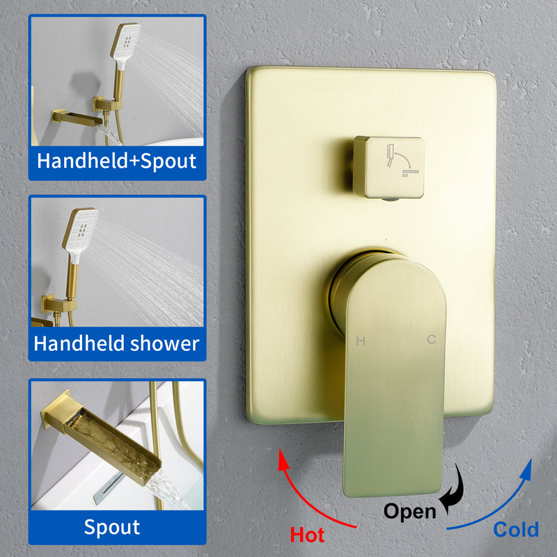 Wall Mount Waterfall Bathtub Faucet with 3 Modes Hand Sprayer Tub Filler Faucet with Rough-in Valve Trim Kit