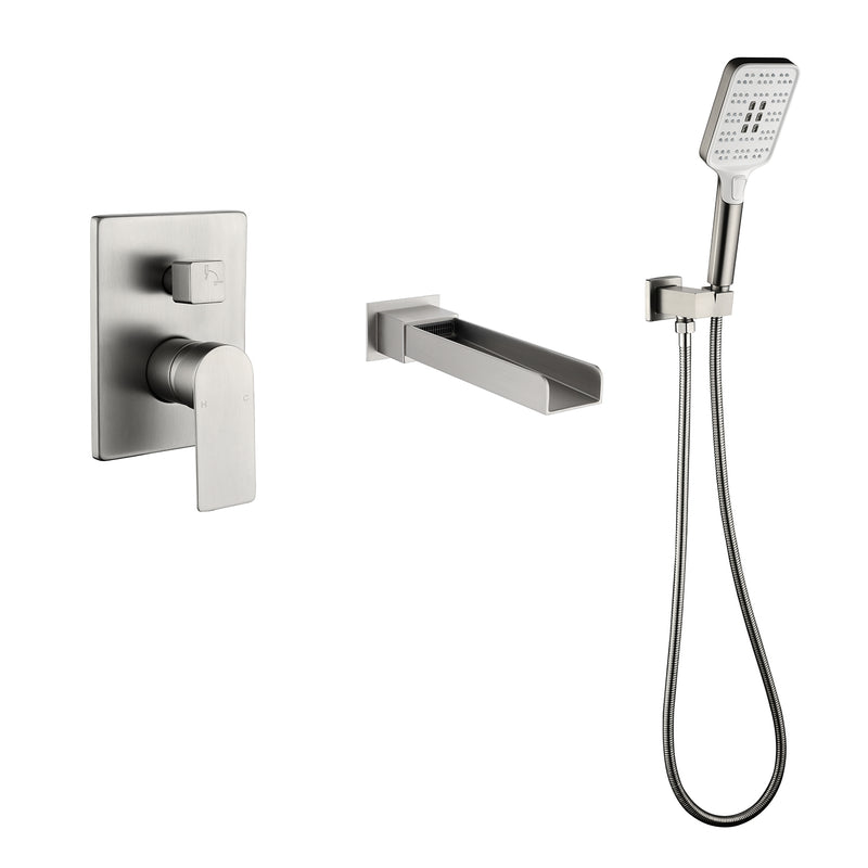 Wall Mount Waterfall Bathtub Faucet with 3 Modes Hand Sprayer Tub Filler Faucet with Rough-in Valve Trim Kit