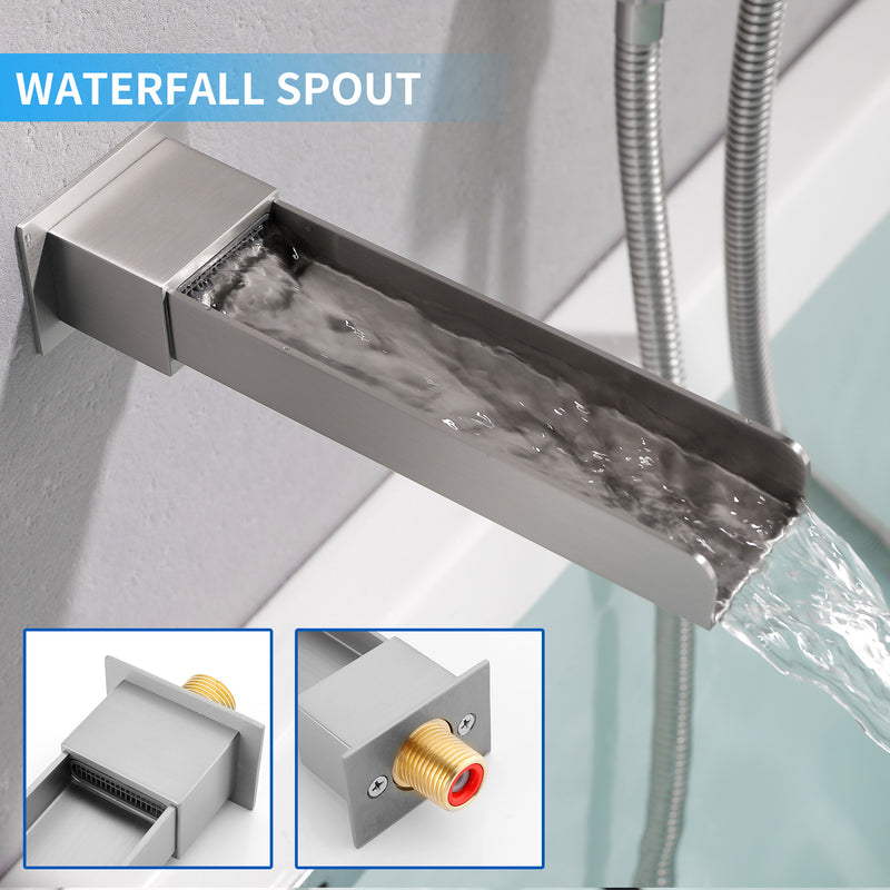 Wall Mount Waterfall Bathtub Faucet with 3 Modes Hand Sprayer Tub Filler Faucet with Rough-in Valve Trim Kit