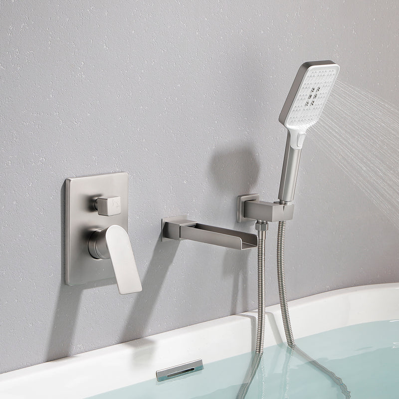 Wall Mount Waterfall Bathtub Faucet with 3 Modes Hand Sprayer Tub Filler Faucet with Rough-in Valve Trim Kit