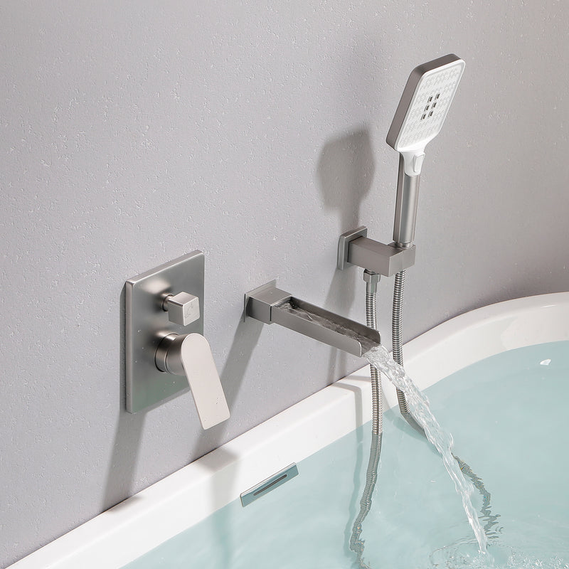 Wall Mount Waterfall Bathtub Faucet with 3 Modes Hand Sprayer Tub Filler Faucet with Rough-in Valve Trim Kit
